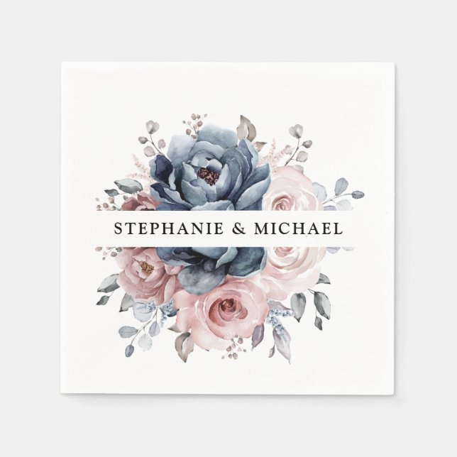Dusty Blue Mauve Rose Pink Slate Floral Wedding Serviette (Vorderseite)