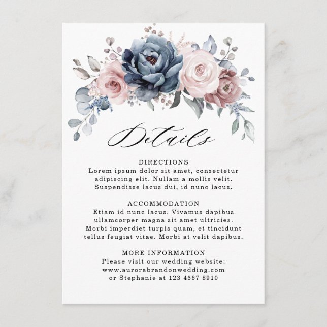 Dusty Blue Mauve Rose Pink Slate Wedding Details Begleitkarte (Vorderseite)