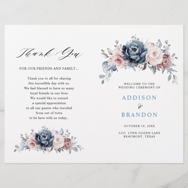Dusty Blue Mauve Rose Pink Slate Wedding Programm (Vorderseite)
