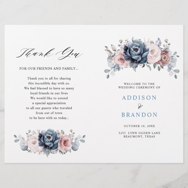 Dusty Blue Mauve Rose Pink Slate Wedding Programm (Vorderseite)