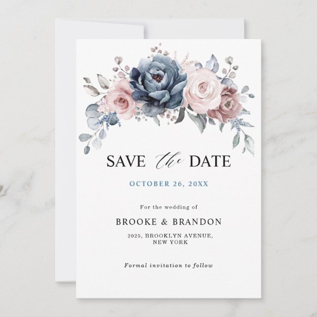 Dusty Blue Mauve Rose Rosa Floral Save the Date (Vorderseite)