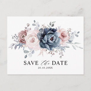 Dusty Blue Mauve Rose Rosa Floral Save the Date Postkarte