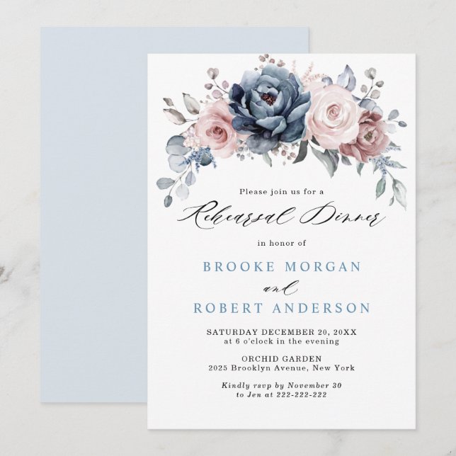 Dusty Blue Mauve Rose Rosa Schiefer Probe Abendess Einladung (Vorne/Hinten)