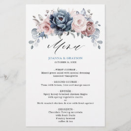Dusty Blue Mauve Rose Slate Floral Wedding Menu