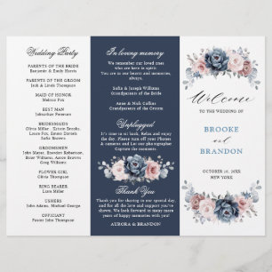 Dusty Blue Mauve Rose Wedding Tri-Fold Programm