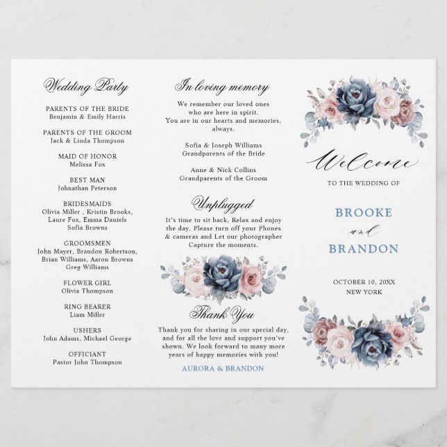 Dusty Blue Mauve Rose Wedding Tri-Fold Programm (Vorderseite)