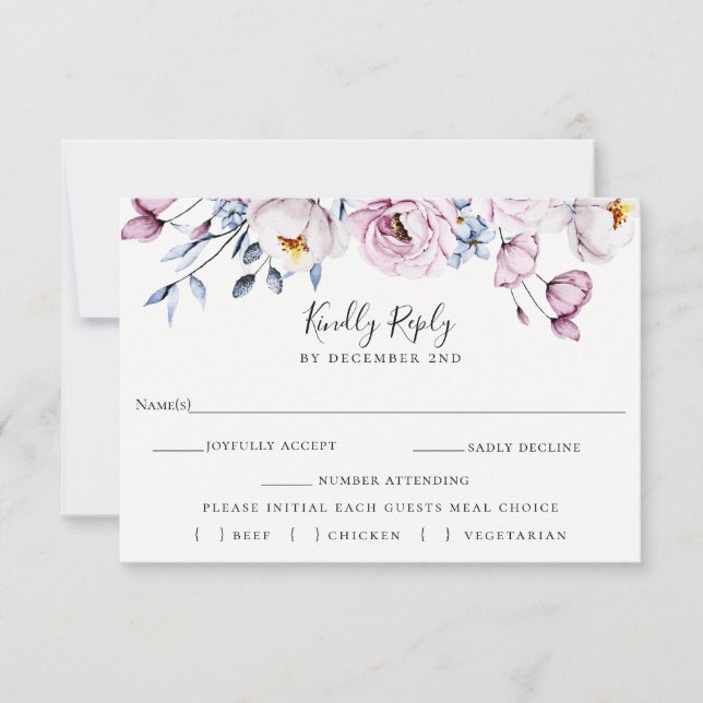 Dusty Blue Mauve Wedding RSVP Meal Choice Card (Vorderseite)