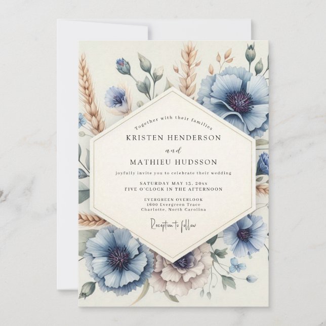 Dusty Blue Meadow Bloom Wedding Einladung (Vorderseite)
