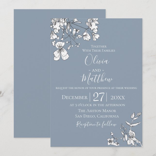 Dusty Blue Meadow Wedding Einladung (Vorne/Hinten)
