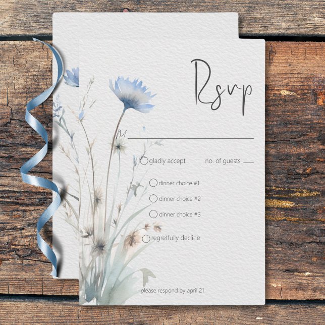 Dusty Blue Meadow Wildblumen Modernes Drei-Dinner RSVP Karte (Dusty Blue Meadow Wildflowers Modern Dinner RSVP Card)