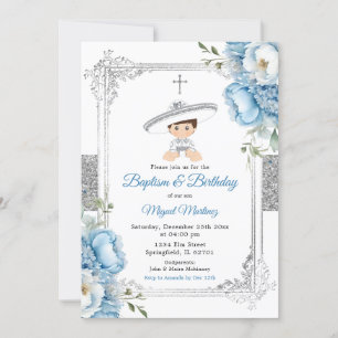 Dusty Blue Mexican Boy Baptisse & Birthday Silver Einladung