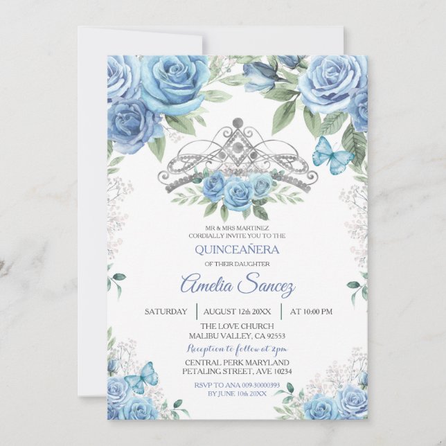 Dusty Blue Mexican Girl Mis XV Anos Einladung (Vorderseite)