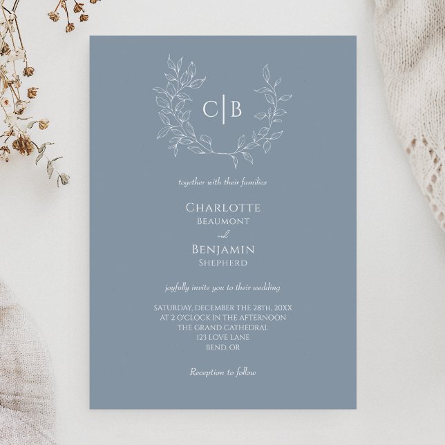 Dusty Blue Minimal Leaf Monogram Wedding Einladung (Von Creator hochgeladen)