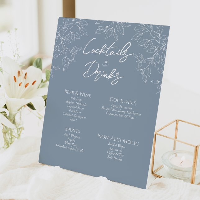 Dusty Blue Minimal Leaf Wedding Bar Drinks Zeichen Sockelschild (Von Creator hochgeladen)