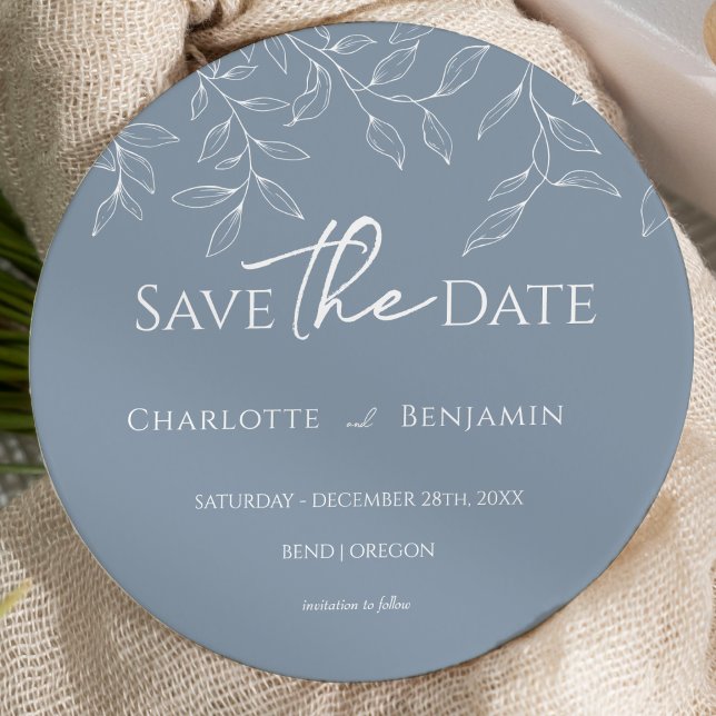Dusty Blue Minimal Leaf Wedding Round Save The Date (Von Creator hochgeladen)
