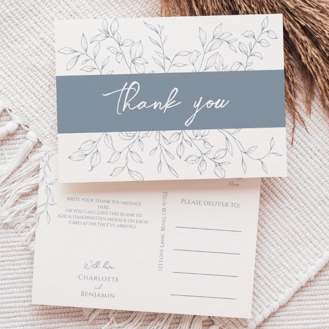 Dusty Blue Minimal Leaf Wedding Vielen Dank Postkarte (Von Creator hochgeladen)