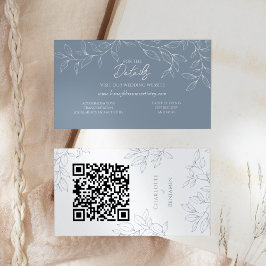 Dusty Blue Minimal Leaf Wedding Website QR Code Begleitkarte