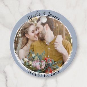Dusty Blue Minimal Trendy Round Foto Wedding Geschenkanhänger