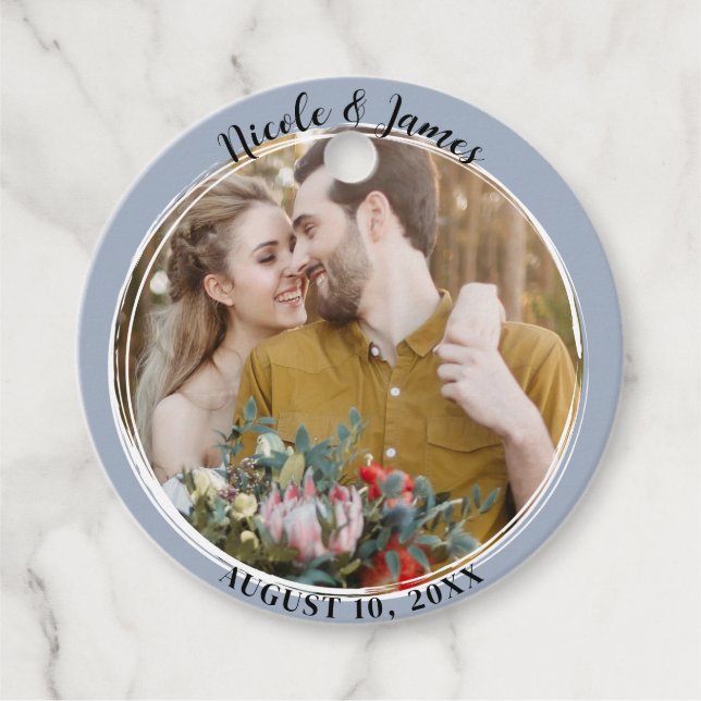 Dusty Blue Minimal Trendy Round Foto Wedding Geschenkanhänger (Vorderseite)