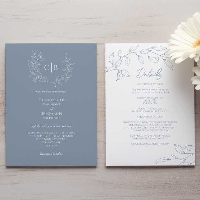 Dusty Blue Minimal Wedding Monogram Einladung (Von Creator hochgeladen)