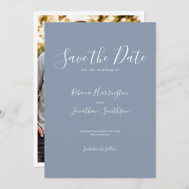 Dusty Blue Minimal Wedding Save the Date (Vorne/Hinten)