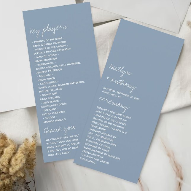 Dusty Blue Minimalistic Script Wedding Program Werbekarte (Von Creator hochgeladen)