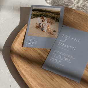 Dusty Blue Minimalistisch Boho Neutral Foto Weddin Einladung