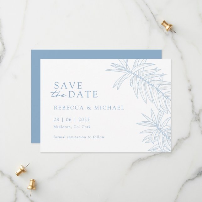 Dusty Blue Minimalistisch Botanical Save the Date (Vorderseite/Rückseite Beispiel)