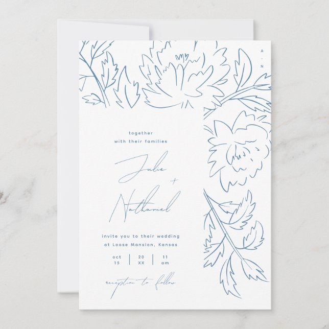 Dusty Blue Minimalistisch Botanical Wedding Einladung (Vorderseite)