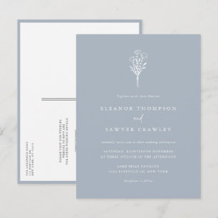 Dusty Blue Minimalistisch Bouquet QR Code Wedding Einladungspostkarte