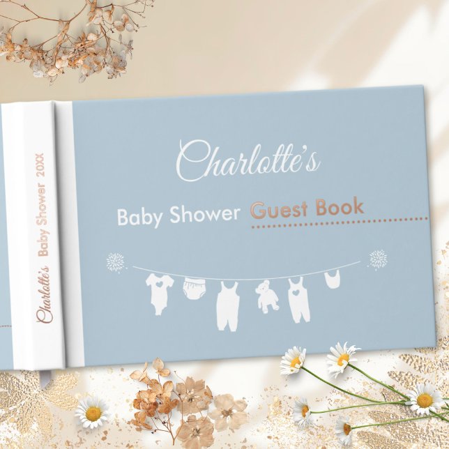 Dusty Blue Minimalistisch Clothesline Baby Boy Dus Gästebuch (Minimalist Dusty Blue Baby Boy Clothesline Shower Foil Guest Book ©Susanne Sachers - Sunny Mind 🌞)