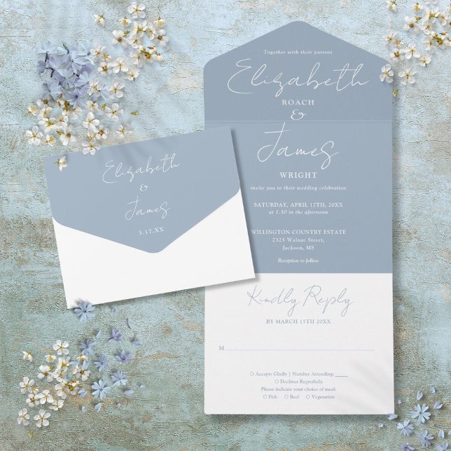 Dusty Blue Minimalistisch Elegant Script Wedding All In One Einladung (Dusty Blue Minimalist Elegant Script Wedding All In One Invitation)