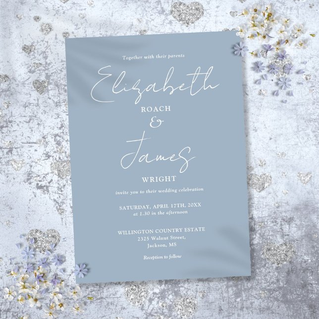Dusty Blue Minimalistisch Elegant Script Wedding Einladung (Dusty Blue Minimalist Elegant Script Wedding Invitation)