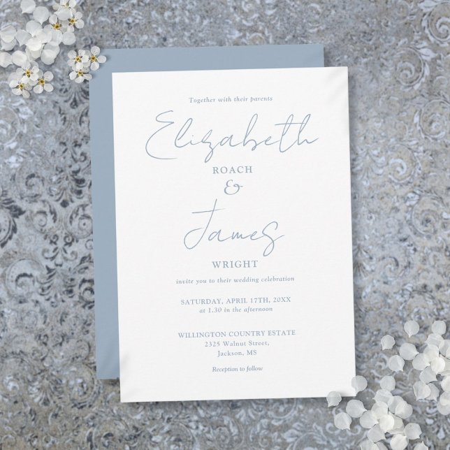 Dusty Blue Minimalistisch Elegant Script Wedding Einladung (Dusty Blue Minimalist Elegant Script Wedding Invitation)