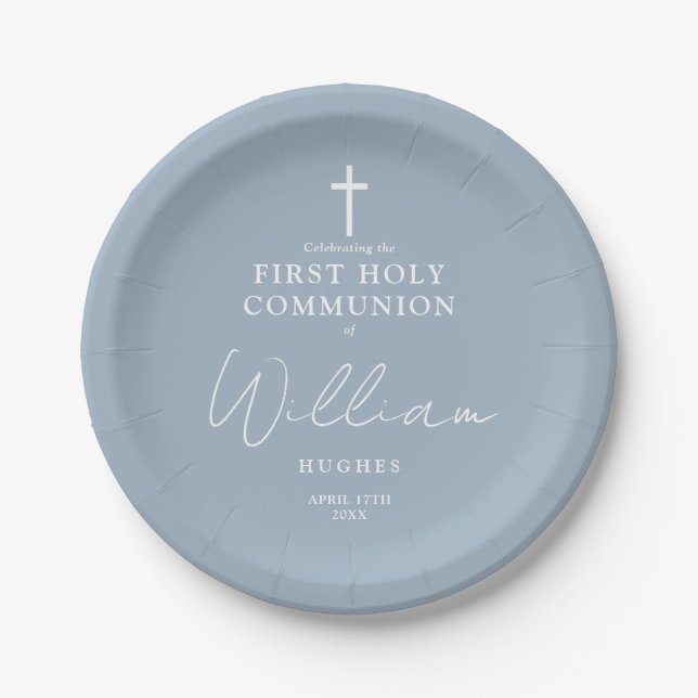 Dusty Blue Minimalistisch First Holy Communion Pappteller (Vorderseite)