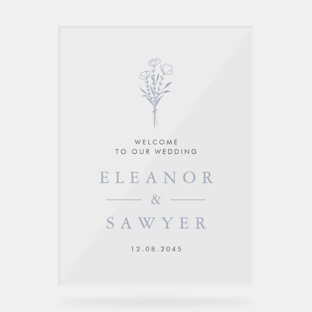 Dusty Blue Minimalistisch Floral Bouquet Wedding Acrylschild (Vorderseite)