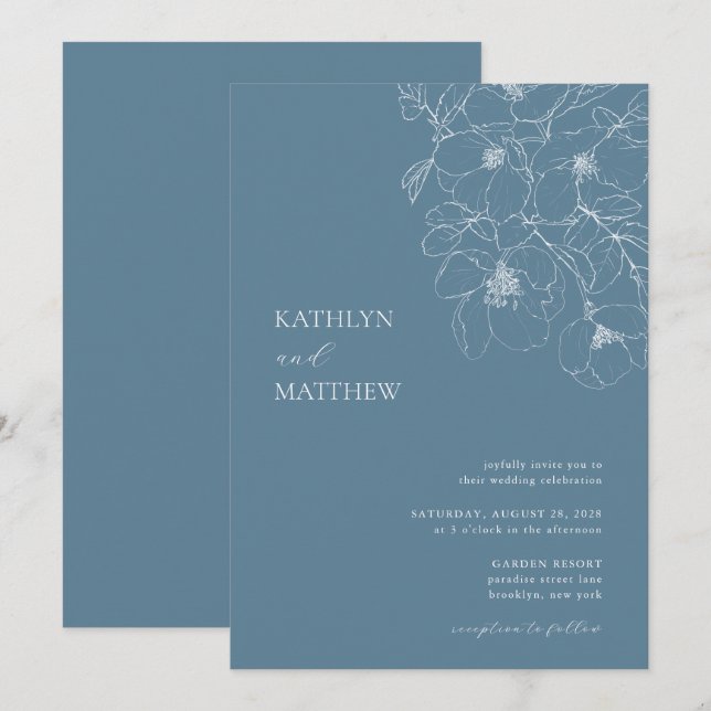 Dusty Blue Minimalistisch Floral Moderne Hochzeit Einladung (Vorne/Hinten)