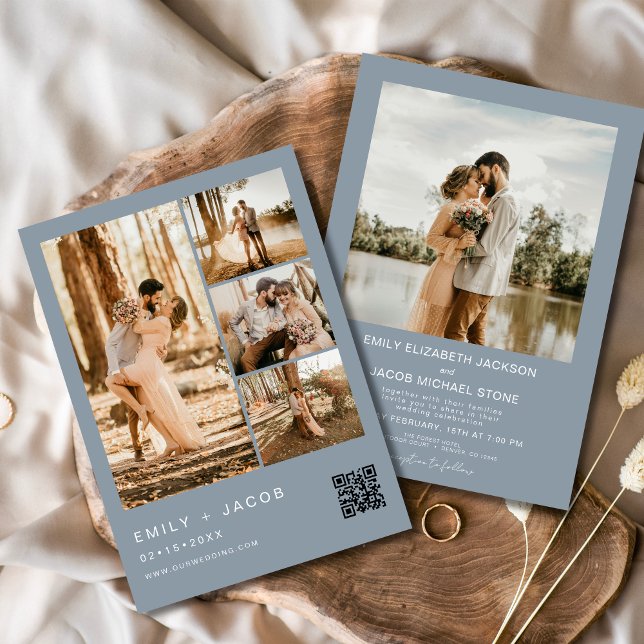 Dusty Blue Minimalistisch Foto QR-Code Hochzeit Einladung (Von Creator hochgeladen)