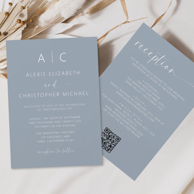 Dusty Blue Minimalistisch in einem Hochzeitcode Einladung (Von Creator hochgeladen)