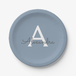 Dusty Blue Minimalistisch Modern Monogram Elegant Pappteller