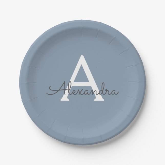 Dusty Blue Minimalistisch Modern Monogram Elegant Pappteller (Vorderseite)