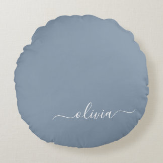 Dusty Blue Minimalistisch Modern Monogram Elegant Rundes Kissen