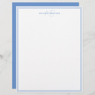 Dusty Blue Minimalistisch Monogram Two Border Briefbogen