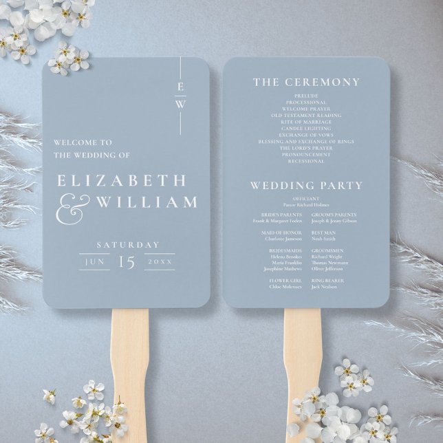 Dusty Blue Minimalistisch Monogram Wedding Program Fächer (Dusty Blue Minimalist Monogram Wedding Program Hand Fan)