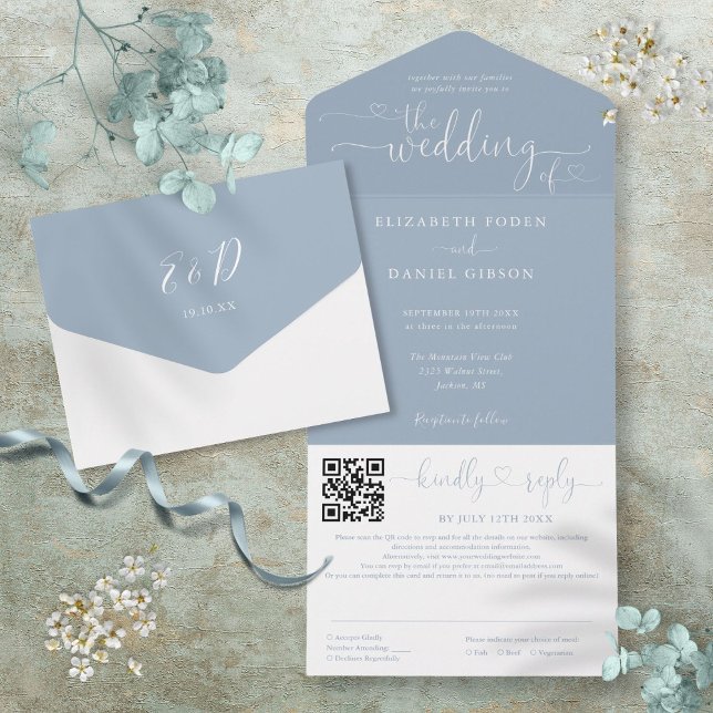 Dusty Blue Minimalistisch Script QR Code Wedding All In One Einladung (Dusty Blue Minimalist Script QR Code Wedding All In One Invitation)
