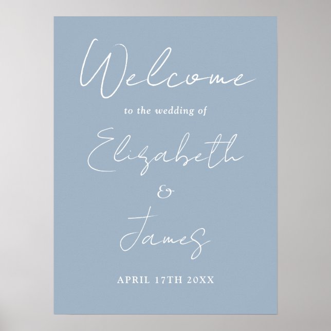 Dusty Blue Minimalistisch Script Wedding Willkomme Poster (Vorne)