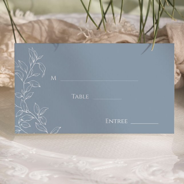 Dusty Blue Minimalleaf Hochzeitflatter Platzkarte (Von Creator hochgeladen)