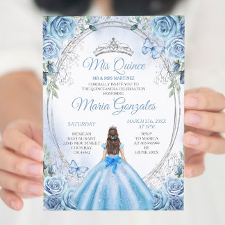 Dusty Blue Mis Quince Silver Floral Quinceañera Einladung