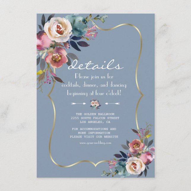 Dusty Blue Misty Rose Blume Gold Wedding Details Begleitkarte (Vorderseite)
