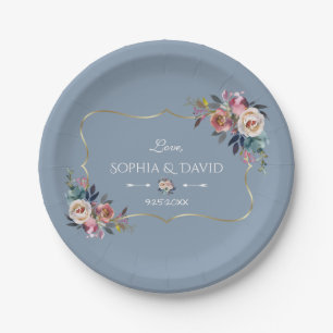 Dusty Blue Misty Rose Blume Gold Wedding Pappteller
